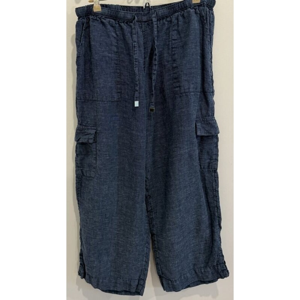 Nicole Miller New York 100% Linen Cargo Pants Women XL Blue Wide Leg Size XL